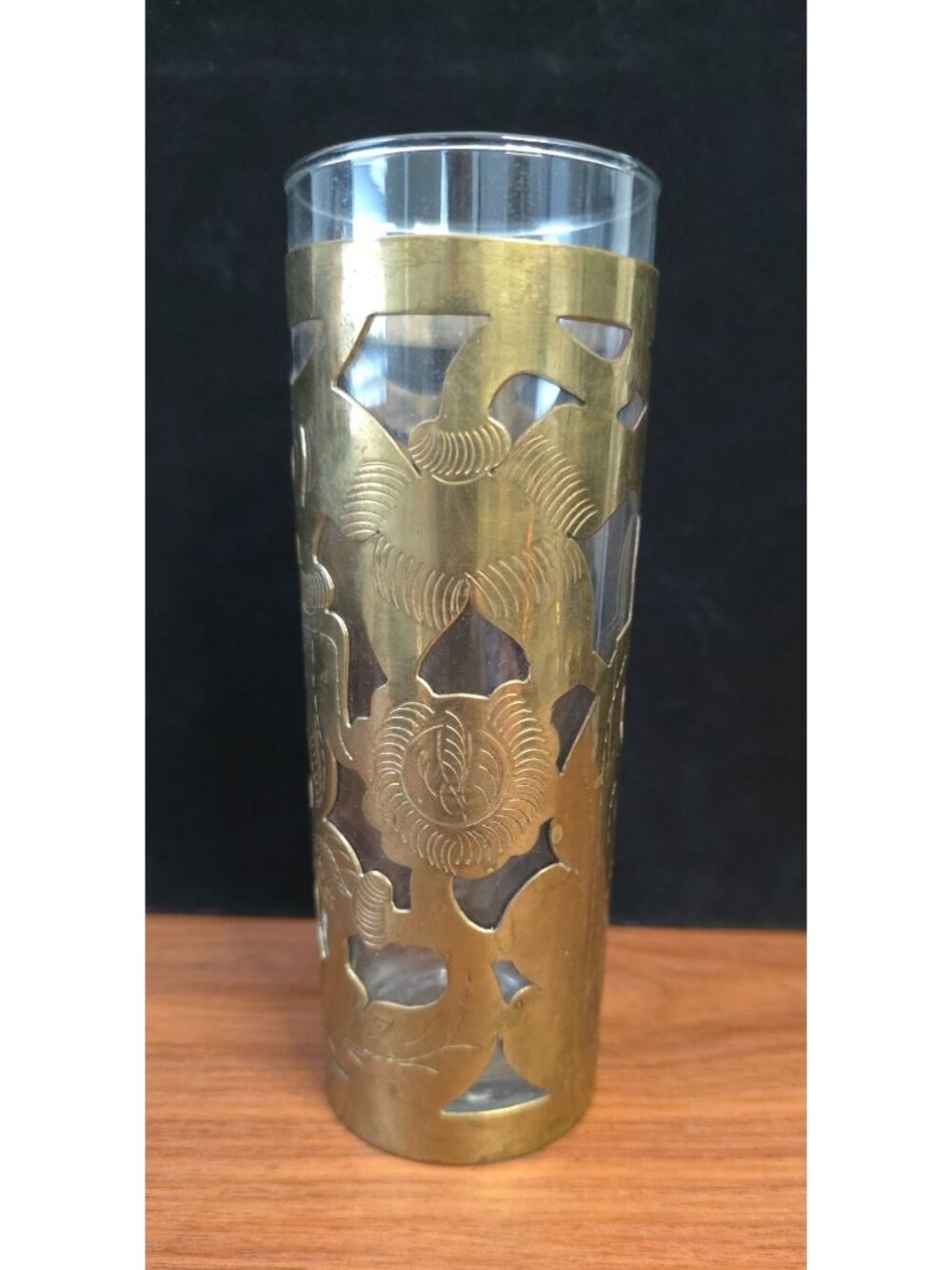 Vintage Mexican MCM Brass Overlay Glass Tumbler w/ Etched Floral Design 6.5" T